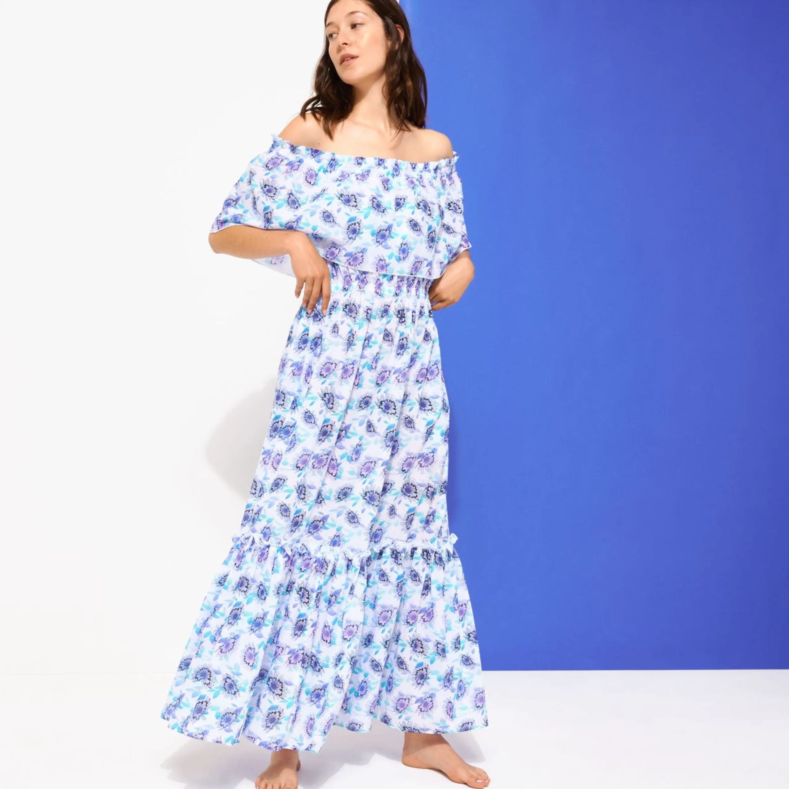 Femme Vilebrequin Robes^Robe Longue En Coton Col Bardot Femme Flash Flowers
