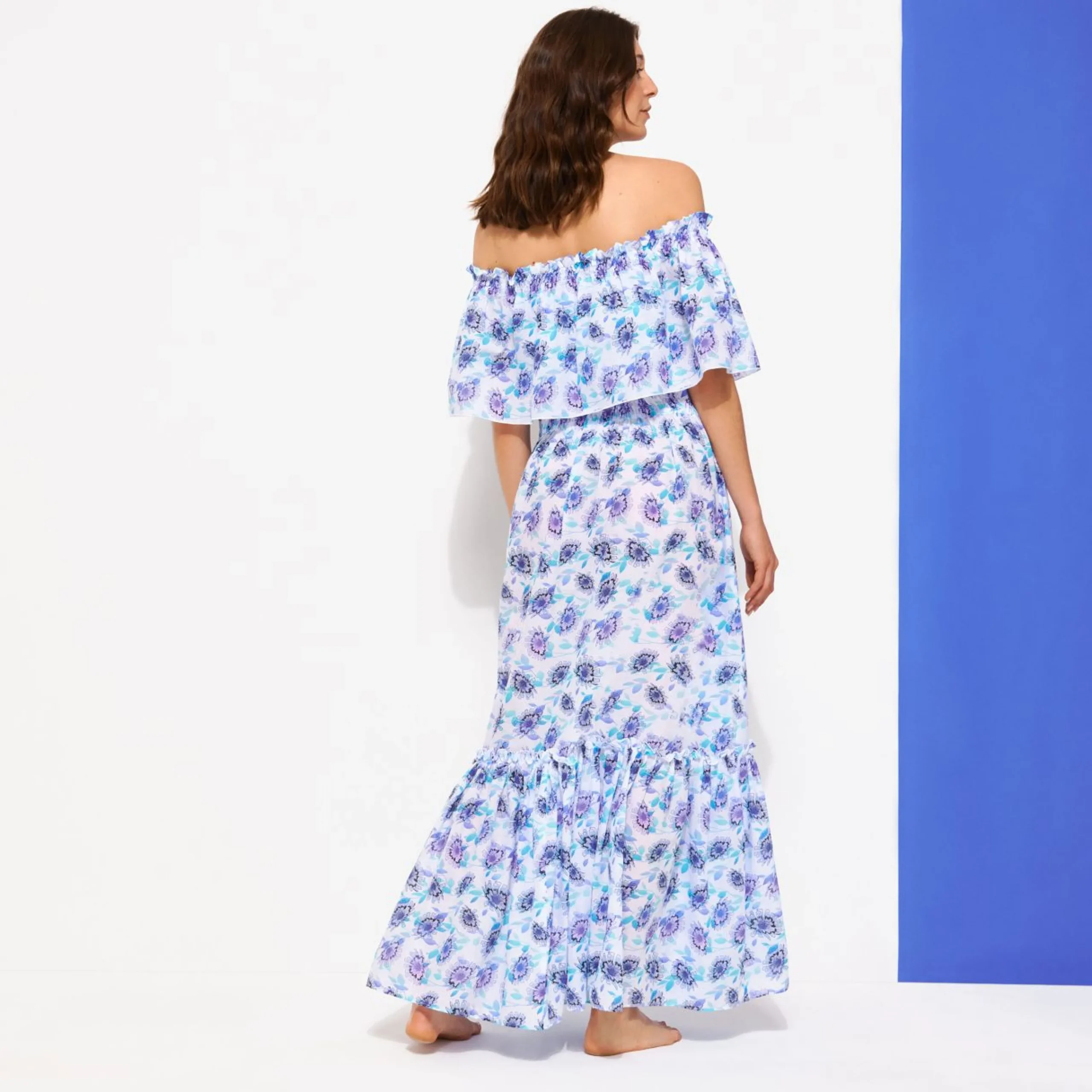 Femme Vilebrequin Robes^Robe Longue En Coton Col Bardot Femme Flash Flowers