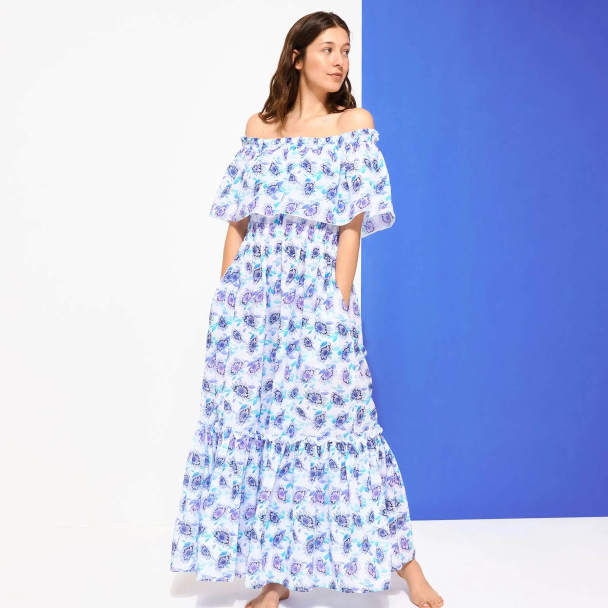 Femme Vilebrequin Robes^Robe Longue En Coton Col Bardot Femme Flash Flowers